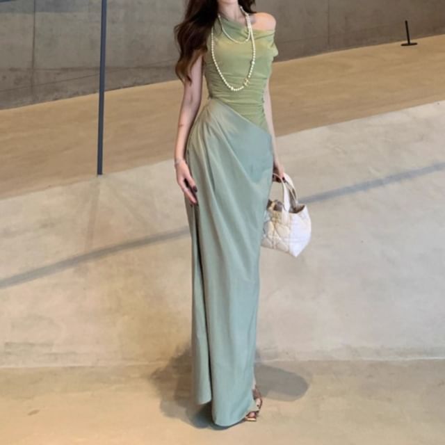 Asymmetrical Off-Shoulder Mesh Panel Slit Sheath - Altfashion Shop
