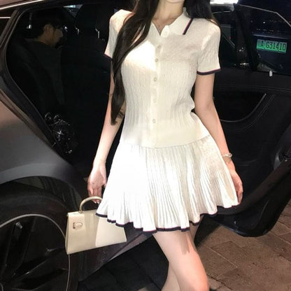 Short-Sleeve Contrast Trim Knit Top & Mini A-Line Skirt Set