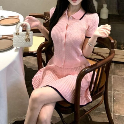 Short-Sleeve Contrast Trim Knit Top & Mini A-Line Skirt Set