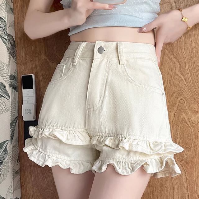 High Waist Frill Trim Denim Hot Pants
