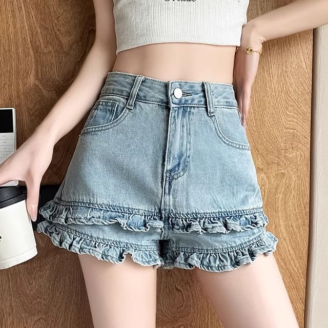 High Waist Frill Trim Denim Hot Pants