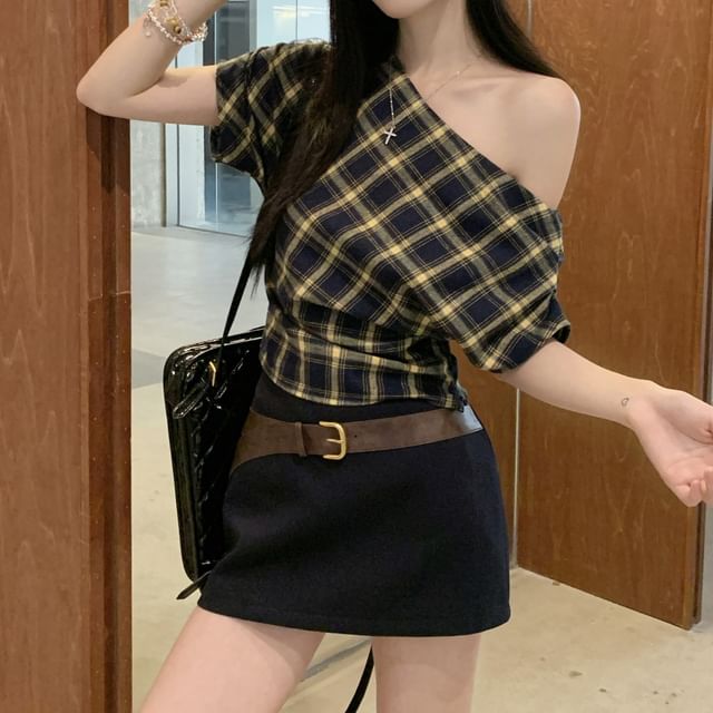 Plaid Crop Top & Belted Pencil Skirt