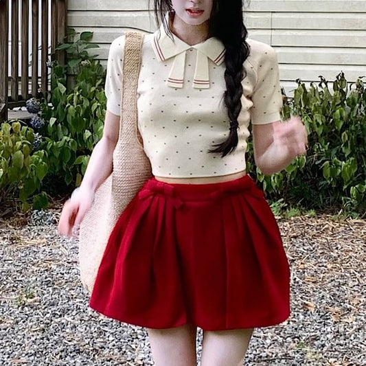 Heart Jacquard Crop Knit & Bow Accent Mini Skirt