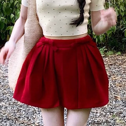 Heart Jacquard Crop Knit & Bow Accent Mini Skirt