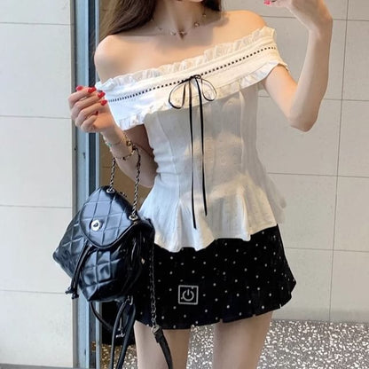 Off-Shoulder Ruffle Blouse and Dotted Mini Skirt
