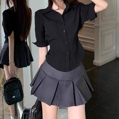 Collared Button-Up Shirt and Mini Pleated Skirt