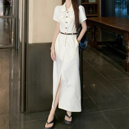 Collared Button Up Maxi Dress with Belt Slit - Altfashion Shop