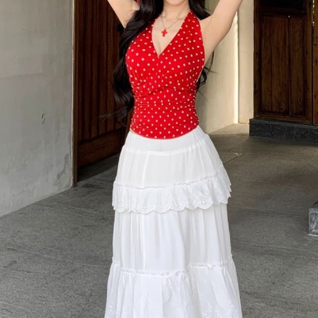 Halter Neck Dotted Cami & High-Waist Ruffle Maxi Skirt