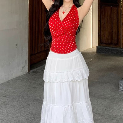 Halter Neck Dotted Cami & High-Waist Ruffle Maxi Skirt