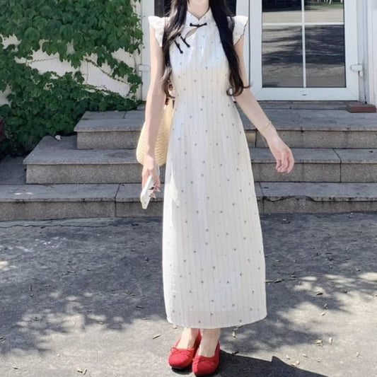Sleeveless Collared Dotted Maxi Dress - Altfashion Shop