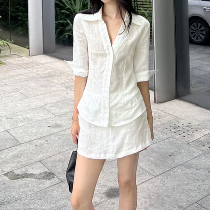 V-Neck Button-Up Shirt with Elbow Sleeves & Mini A-Line Skirt