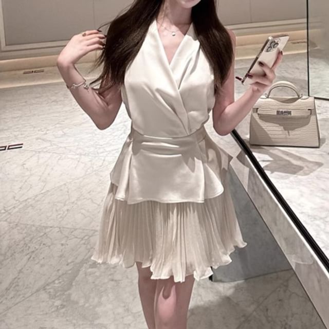 V-Neck Wrap Blouse & High-Waist Pleated Mini Skirt