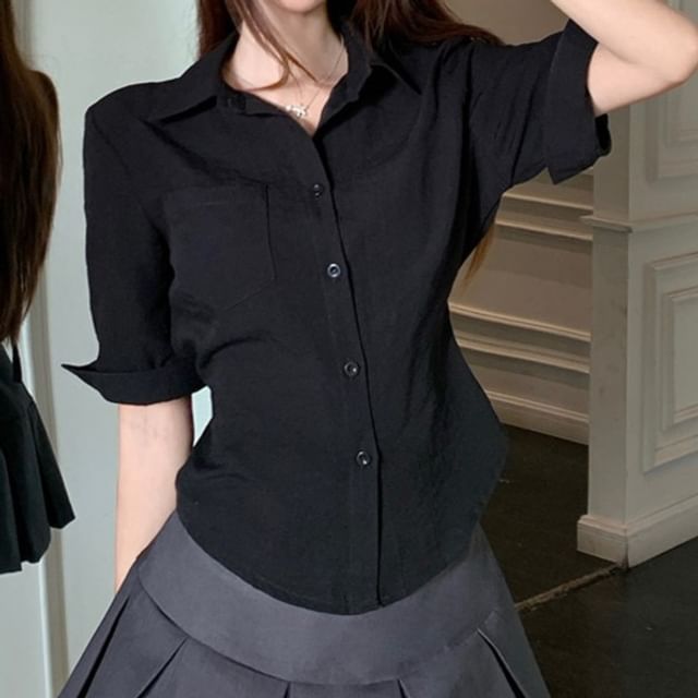 Collared Button-Up Shirt and Mini Pleated Skirt