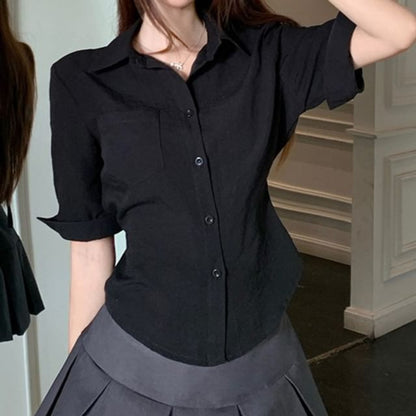 Collared Button-Up Shirt and Mini Pleated Skirt