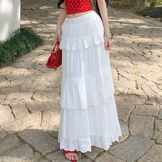 Halter Neck Dotted Cami & High-Waist Ruffle Maxi Skirt