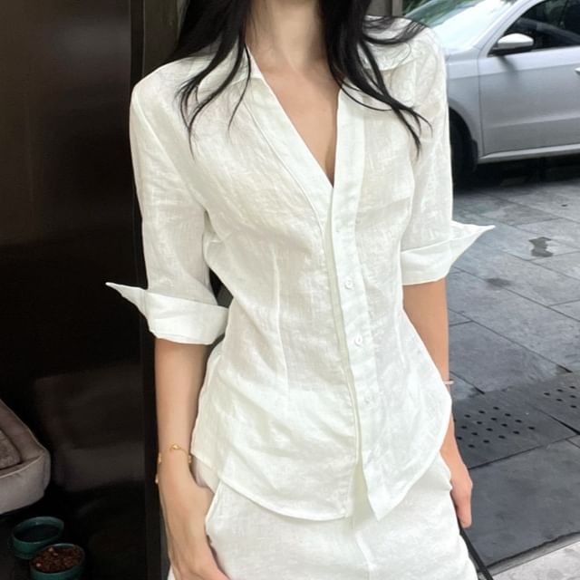 V-Neck Button-Up Shirt with Elbow Sleeves & Mini A-Line Skirt