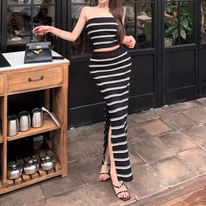 Strapless Striped Crop Top & High-Rise Pencil Skirt Set