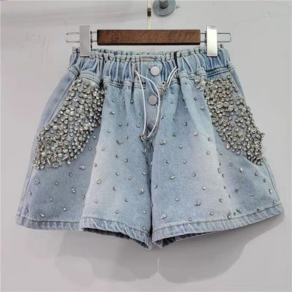 Mid Waist Rhinestone Washed Denim Shorts