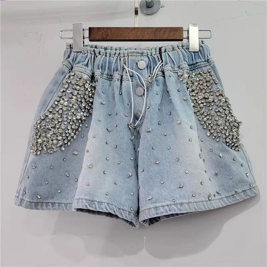 Mid Waist Rhinestone Washed Denim Shorts