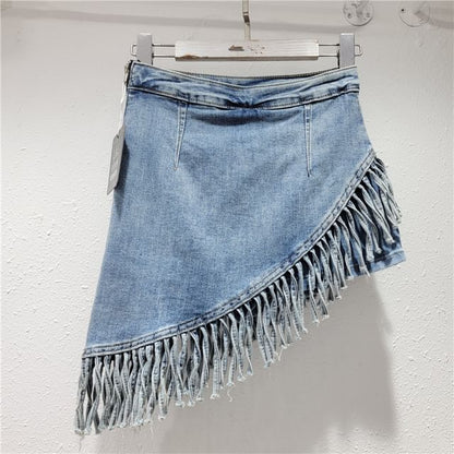Mid Rise Asymmetrical Fringed Washed Denim Skort