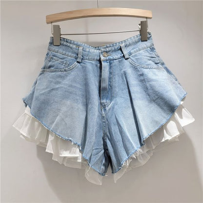 High Waist Ruffle Trim Fringed Washed Denim Shorts