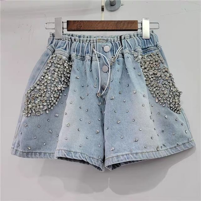 Mid Waist Rhinestone Washed Denim Shorts