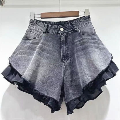 High Waist Ruffle Trim Fringed Washed Denim Shorts