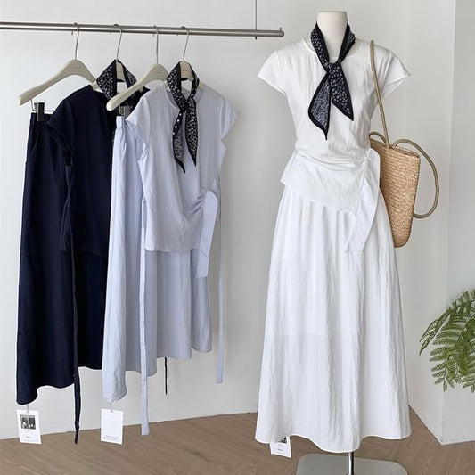 Set: Tie Waist Top + Maxi Skirt + Scarf