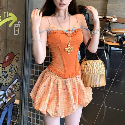 Plaid Panel Cami Top and Bubble Hem Skirt Set