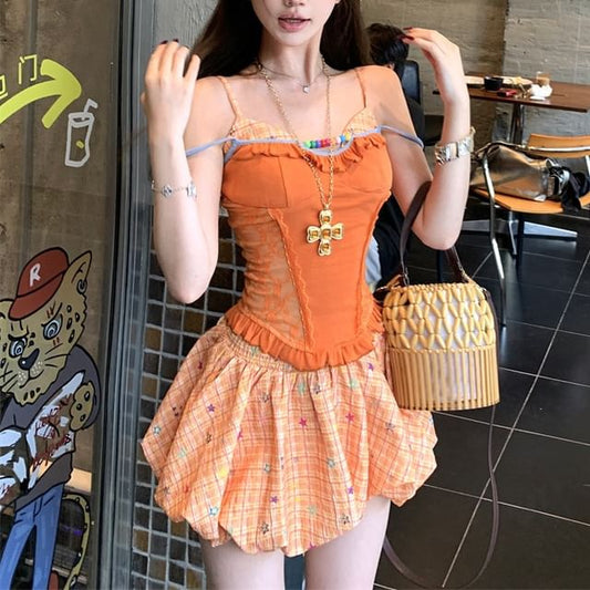 Plaid Panel Cami Top and Bubble Hem Skirt Set