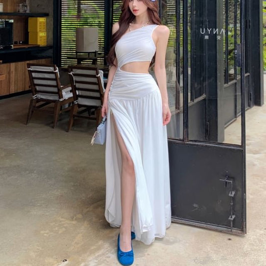 One-Shoulder Cutout Slit Sleeveless Maxi Dress - Altfashion Shop