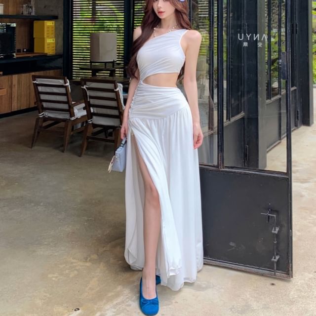 One-Shoulder Cutout Slit Sleeveless Maxi Dress - Altfashion Shop