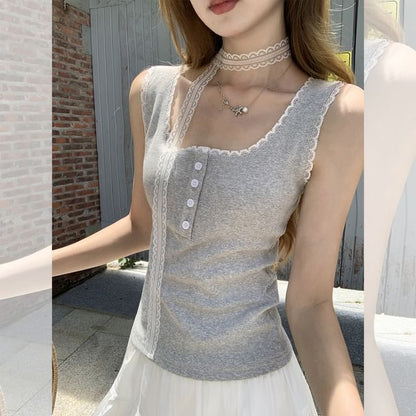 Lace-Trimmed Slim-Fit Scoop-Neck Cropped Tank Top