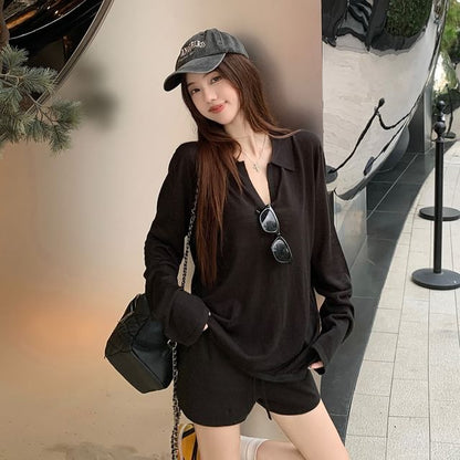 Plain Sheer Collared V-Neck Long-Sleeved Tee & Wide Shorts