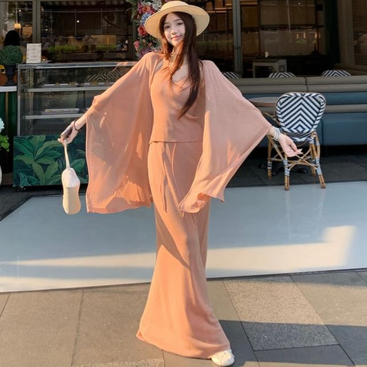 Halter Crop Top and Mermaid Skirt Set with Shawl