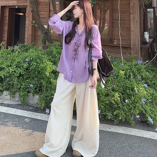 Plain Frill-Trimmed Button-Up V-Neck Long-Sleeved Blouse