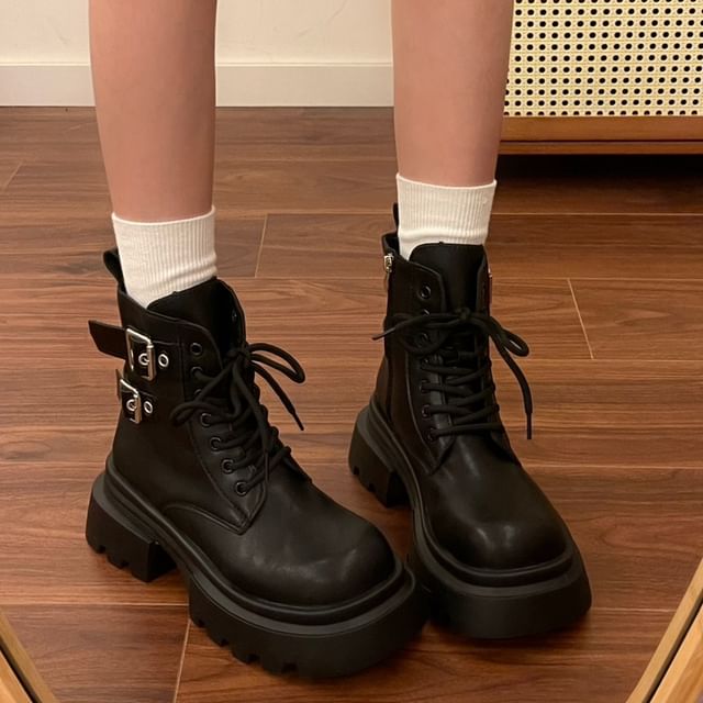 Platform Buckled Lace Up Short Boots
