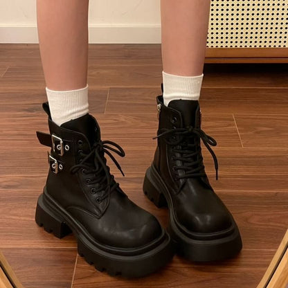 Platform Buckled Lace Up Short Boots
