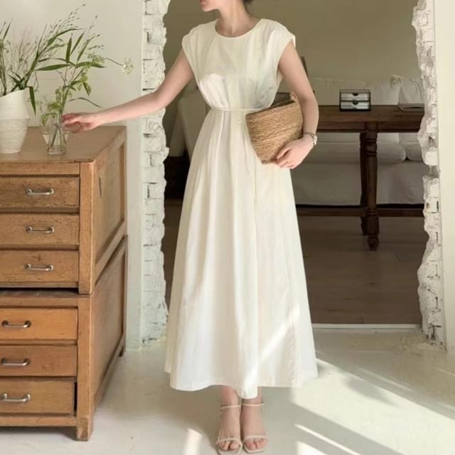Cap-Sleeve Crew Neck A-Line Maxi Dress - Altfashion Shop