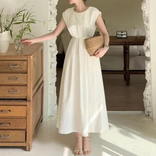 Cap-Sleeve Crew Neck A-Line Maxi Dress - Altfashion Shop