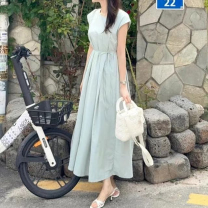 Cap-Sleeve Crew Neck A-Line Maxi Dress - Altfashion Shop