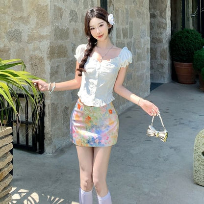 Puff-Sleeve Crop Blouse & Tie Dye Pencil Skirt