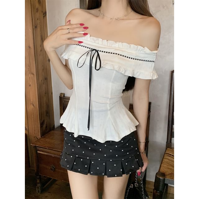 Frill Trim Peplum Crop Top & Dotted Pleated A-Line Skirt