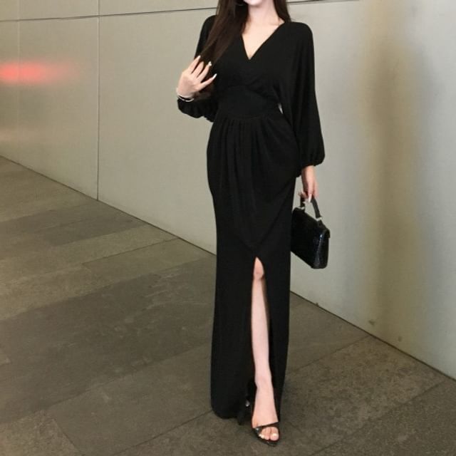 Long-Sleeve V-Neck Slit Sheath Dress - Altfashion Shop