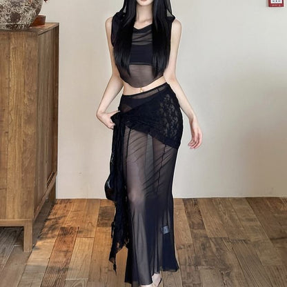 Mesh Hooded Crop Top & Maxi Skirt Set