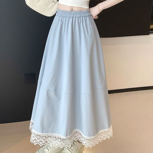 Lace Trim Maxi A-Line Skirt