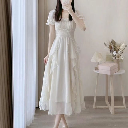 Square Neck Short Sleeve A-Line Maxi Dress - Altfashion Shop
