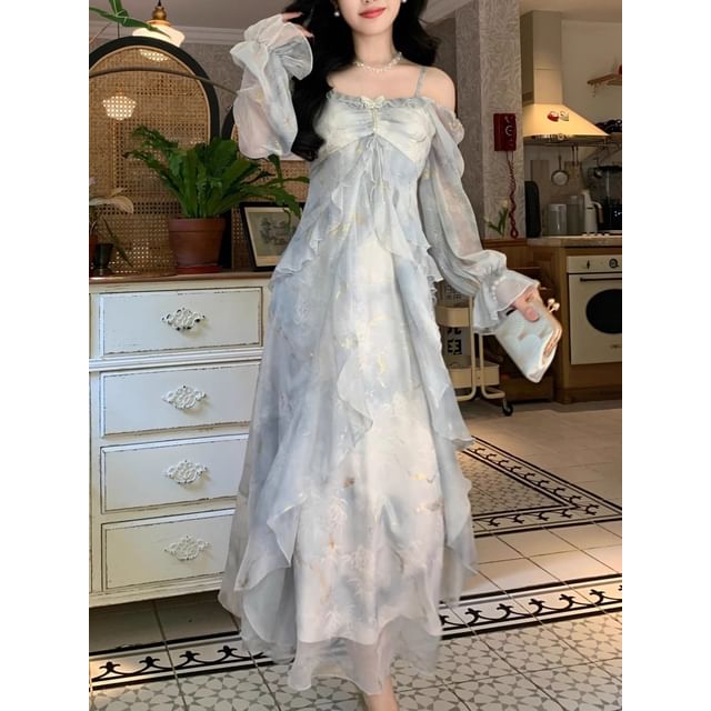 Tie-Dye Long Sleeve Square Neck A-Line Dress - Altfashion Shop