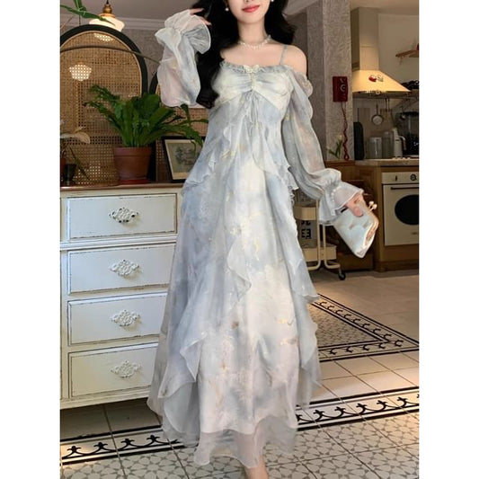 Tie-Dye Long Sleeve Square Neck A-Line Dress - Altfashion Shop