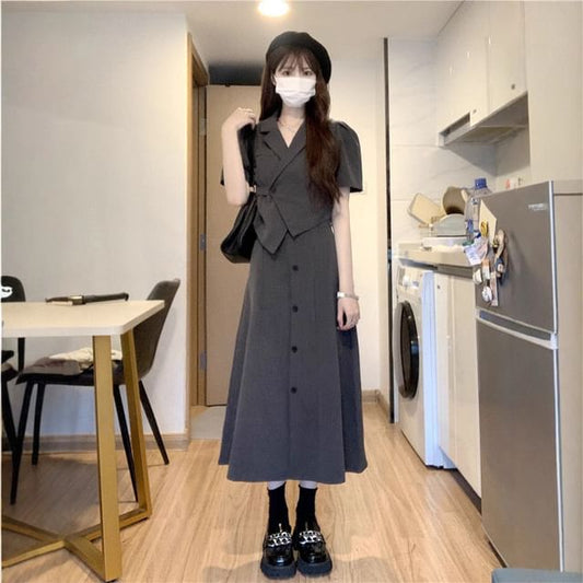 Cropped Blazer Set with High-Rise Button Skirt